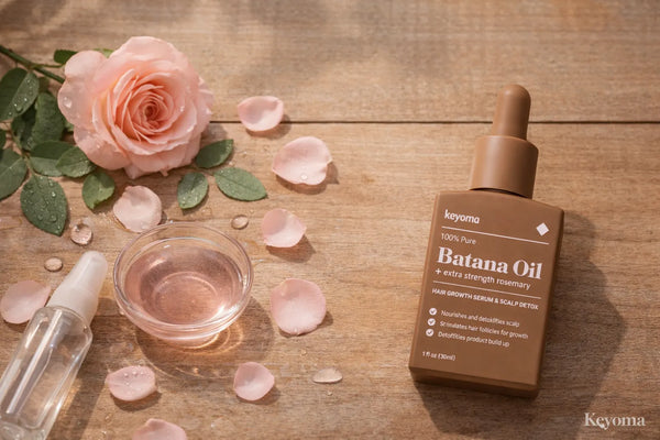 Flat lay of rose petals, rose water, and Keyoma Batana Oil highlighting a gentle scalp routine.