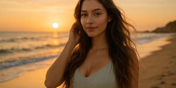 Woman with wavy hair at beach sunset, as Keyoma promotes gentle saltwater-safe hair routines.