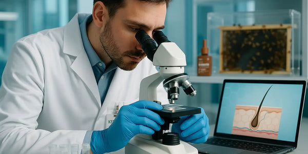 In a Keyoma lab, a scientist examines a slide under a microscope with a beehive frame behind him and a laptop showing a hair-follicle diagram, illustrating experimental bee-venom research for scalp and hair growth.