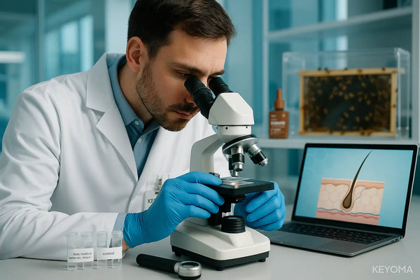 In a Keyoma lab, a scientist examines a slide under a microscope with a beehive frame behind him and a laptop showing a hair-follicle diagram, illustrating experimental bee-venom research for scalp and hair growth.
