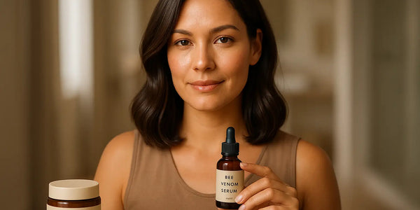 A woman sits at a vanity holding a bottle labeled “Bee Venom Serum” beside a cream jar and comb, illustrating a calm skincare moment by Keyoma.