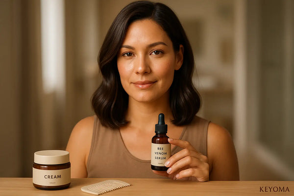 A woman sits at a vanity holding a bottle labeled “Bee Venom Serum” beside a cream jar and comb, illustrating a calm skincare moment by Keyoma.