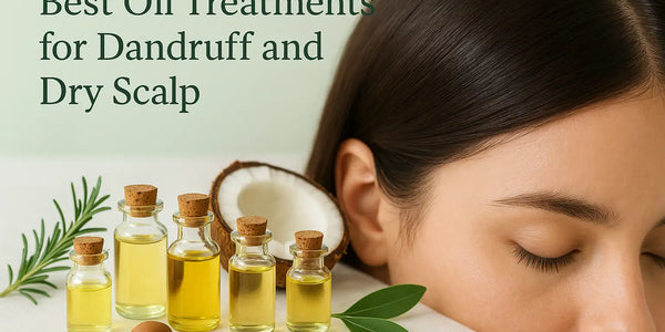 A Keyoma image showing bottles of natural oils, coconut, rosemary, and argan seeds beside a woman with smooth hair, promoting oil treatments for dandruff and dry scalp.