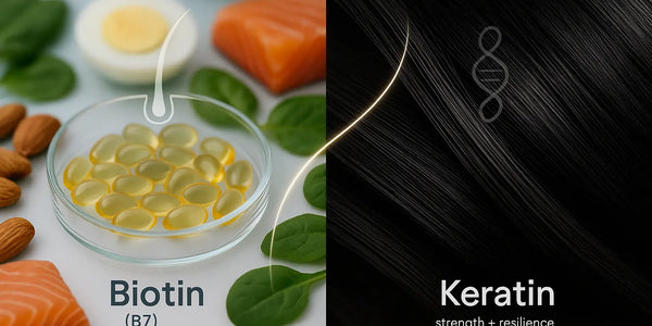 This Keyoma visual contrasts biotin capsules with healthy foods on one side and shiny black hair on the other, symbolizing biotin for growth support and keratin for strength and resilience.