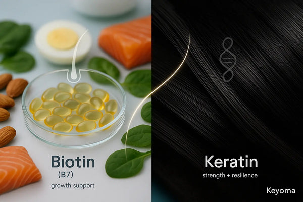 This Keyoma visual contrasts biotin capsules with healthy foods on one side and shiny black hair on the other, symbolizing biotin for growth support and keratin for strength and resilience.