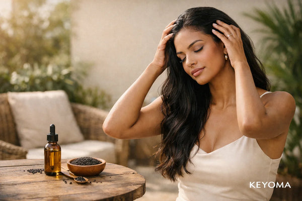 an massaging scalp beside black seed oil dropper bottle and seeds bowl, Keyoma brand, outdoor setting.
