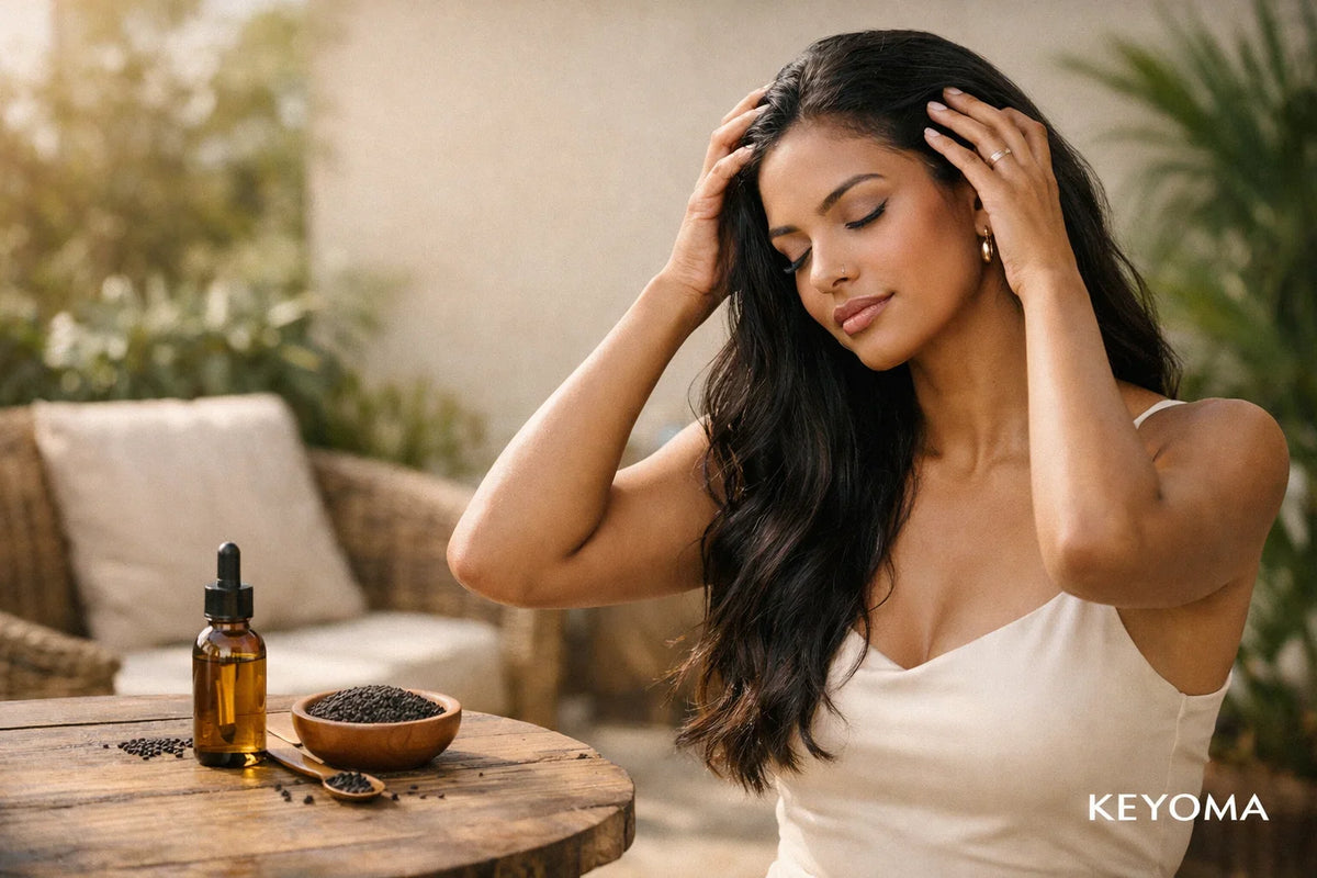an massaging scalp beside black seed oil dropper bottle and seeds bowl, Keyoma brand, outdoor setting.