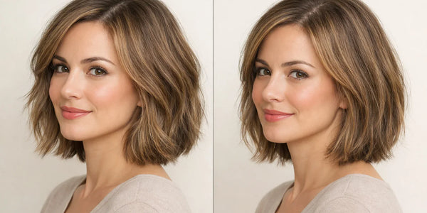 Keyoma side-by-side photo shows textured bob haircut from two angles on cream background.