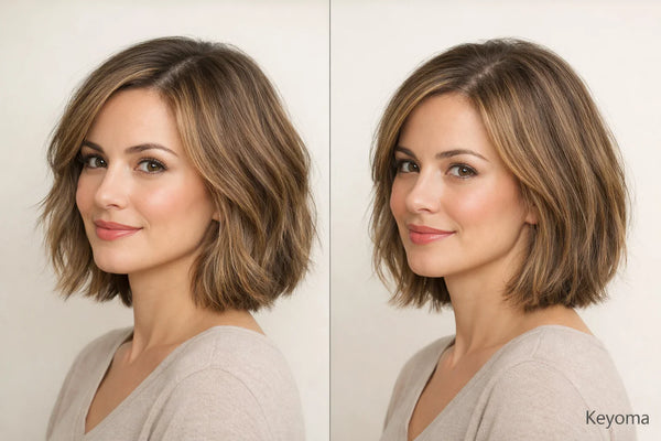 Keyoma side-by-side photo shows textured bob haircut from two angles on cream background.