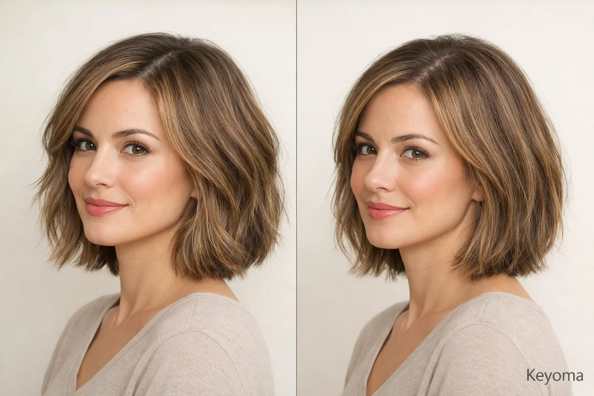 Keyoma side-by-side photo shows textured bob haircut from two angles on cream background.