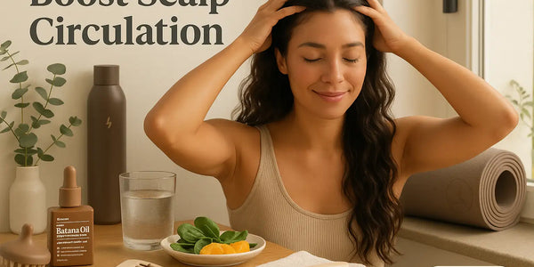 A woman sits by a window gently massaging her scalp to boost circulation while Keyoma batana oil, a scalp brush, a wide-tooth comb, a towel, water, and a small plate of greens and orange slices rest on the table beside a yoga mat.