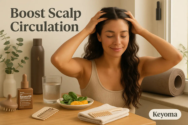 A woman sits by a window gently massaging her scalp to boost circulation while Keyoma batana oil, a scalp brush, a wide-tooth comb, a towel, water, and a small plate of greens and orange slices rest on the table beside a yoga mat.