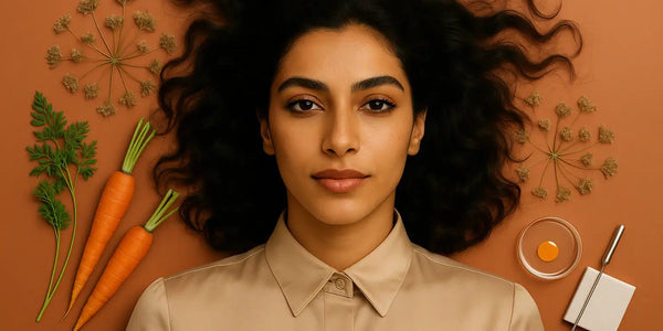 Woman with wavy hair lies among carrot botanicals and lab tools, highlighting Keyoma plant-based care and nourishment.