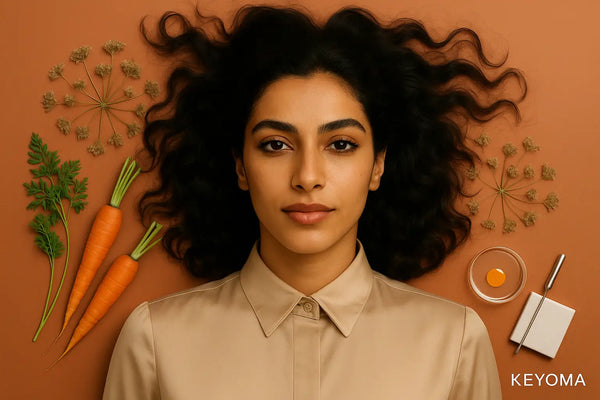 Woman with wavy hair lies among carrot botanicals and lab tools, highlighting Keyoma plant-based care and nourishment.