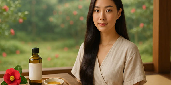 A woman with long smooth hair sits by a garden beside a tray with camellia oil, a small bowl of oil, a wood comb, nuts, and a red camellia blossom, illustrating a calm Keyoma hair-care routine.