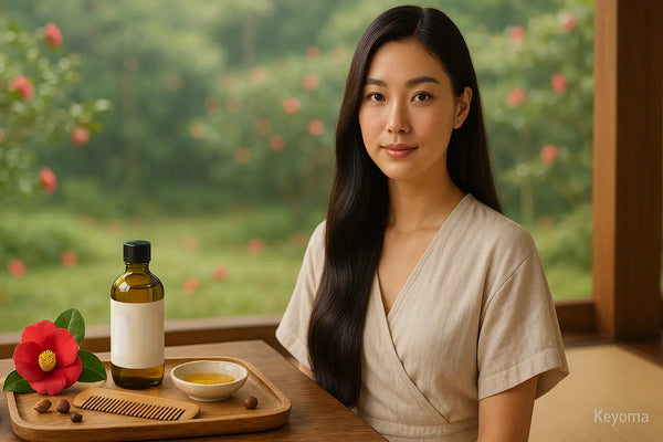A woman with long smooth hair sits by a garden beside a tray with camellia oil, a small bowl of oil, a wood comb, nuts, and a red camellia blossom, illustrating a calm Keyoma hair-care routine.