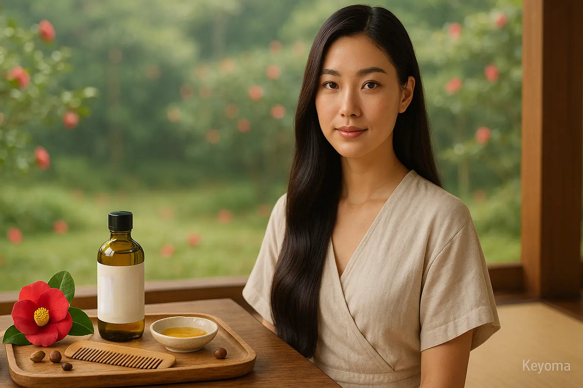 A woman with long smooth hair sits by a garden beside a tray with camellia oil, a small bowl of oil, a wood comb, nuts, and a red camellia blossom, illustrating a calm Keyoma hair-care routine.