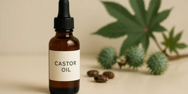 A brown dropper bottle labeled “Castor Oil” stands on a neutral surface with castor leaves, spiky seed pods, and seeds in the background, styled by Keyoma.