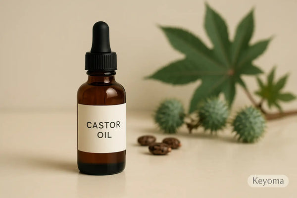 A brown dropper bottle labeled “Castor Oil” stands on a neutral surface with castor leaves, spiky seed pods, and seeds in the background, styled by Keyoma.
