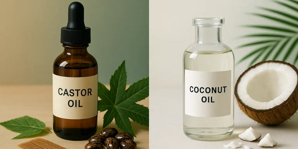 A Keyoma side by side image comparing castor oil and coconut oil bottles with natural ingredients displayed for hair care.