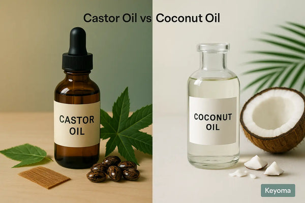 A Keyoma side by side image comparing castor oil and coconut oil bottles with natural ingredients displayed for hair care.