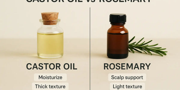 A studio photo shows a clear castor oil bottle beside a brown rosemary oil bottle with a rosemary sprig and simple benefit labels, presented by Keyoma.