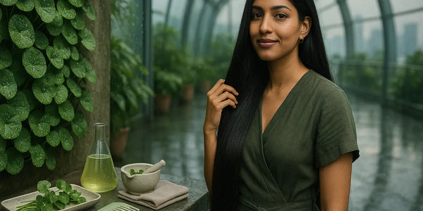 A woman with very long, sleek hair stands in a misty greenhouse next to a tray of centella leaves, a small flask of tonic, a bowl and comb, capturing a calm natural hair-care moment by Keyoma.