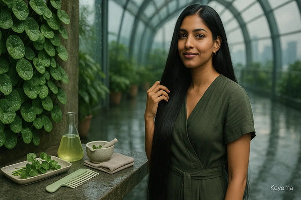 A woman with very long, sleek hair stands in a misty greenhouse next to a tray of centella leaves, a small flask of tonic, a bowl and comb, capturing a calm natural hair-care moment by Keyoma.