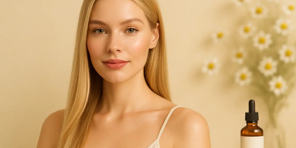 Keyoma features a blonde woman with straight hair and chamomile oil bottle, suggesting shine and soothing care.