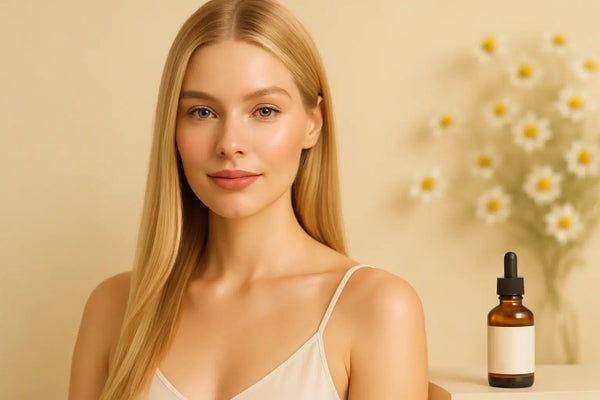 Keyoma features a blonde woman with straight hair and chamomile oil bottle, suggesting shine and soothing care.