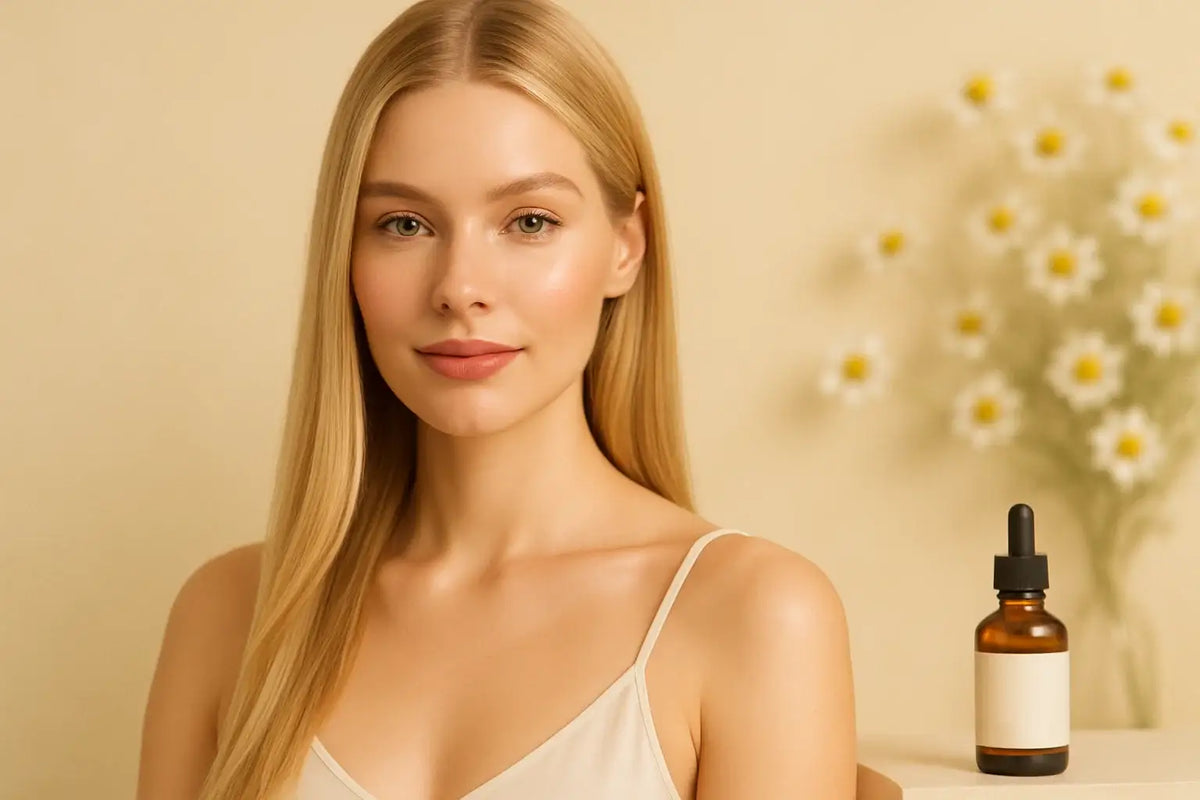 Keyoma features a blonde woman with straight hair and chamomile oil bottle, suggesting shine and soothing care.