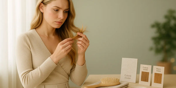 A woman examines her hair ends beside a brush and cuticle model cards, illustrating Keyoma guidance on spotting and caring for damage.
