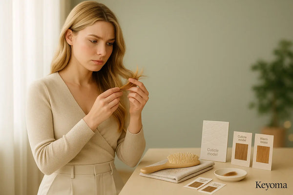 A woman examines her hair ends beside a brush and cuticle model cards, illustrating Keyoma guidance on spotting and caring for damage.