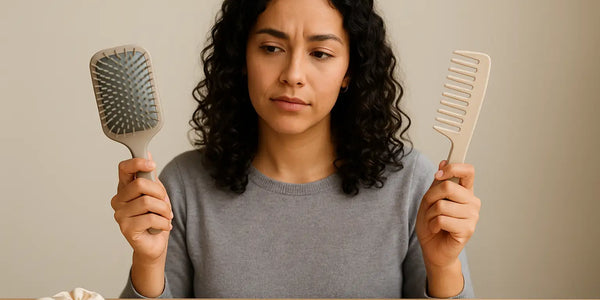 A woman with curly hair compares a paddle brush and a wide-tooth comb at a table, illustrating Keyoma’s advice on selecting the best tool for her texture.