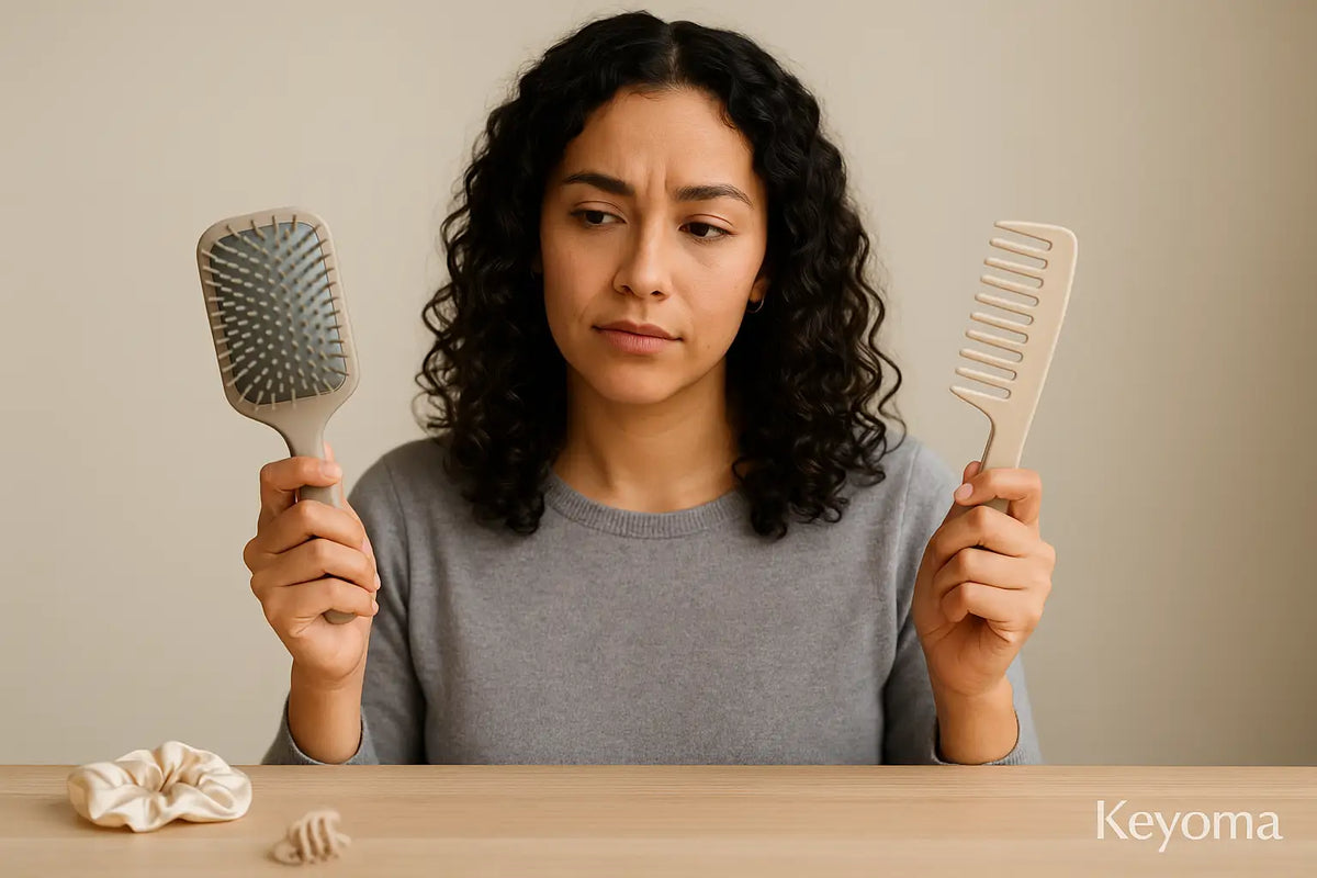 A woman with curly hair compares a paddle brush and a wide-tooth comb at a table, illustrating Keyoma’s advice on selecting the best tool for her texture.