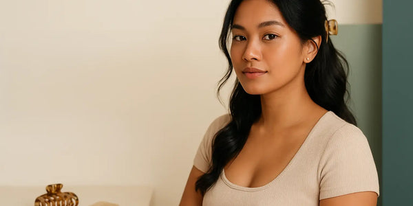 Woman with soft waves wears a claw clip, seated beside comb; Keyoma highlights everyday styling and accessories.
