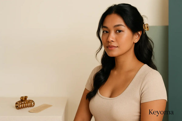 Woman with soft waves wears a claw clip, seated beside comb; Keyoma highlights everyday styling and accessories.