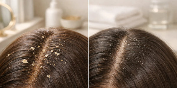 Closeup comparison of scalp hair part showing dandruff flakes on one side and cleaner hair on the other.