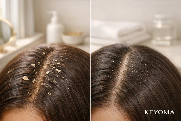 Closeup comparison of scalp hair part showing dandruff flakes on one side and cleaner hair on the other.