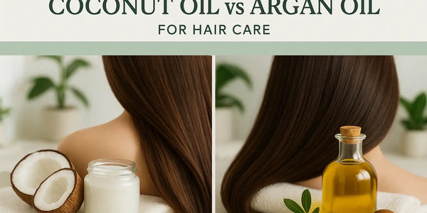 A Keyoma image showing side-by-side displays of coconut oil and argan oil with long, healthy hair, promoting their benefits for hair care.