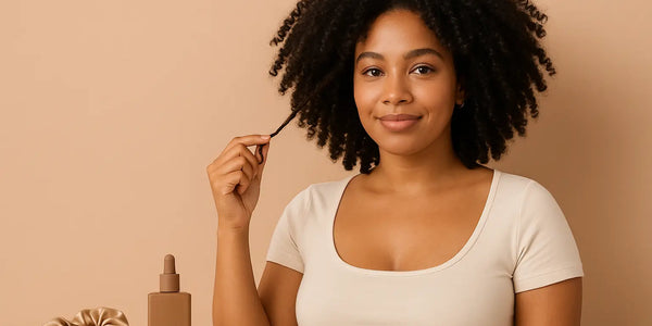 Keyoma portrait features a woman stretching a coily strand to show shrinkage, with styling oil nearby.