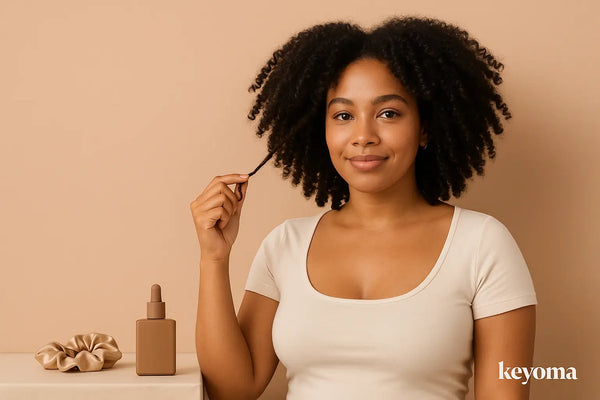 Keyoma portrait features a woman stretching a coily strand to show shrinkage, with styling oil nearby.