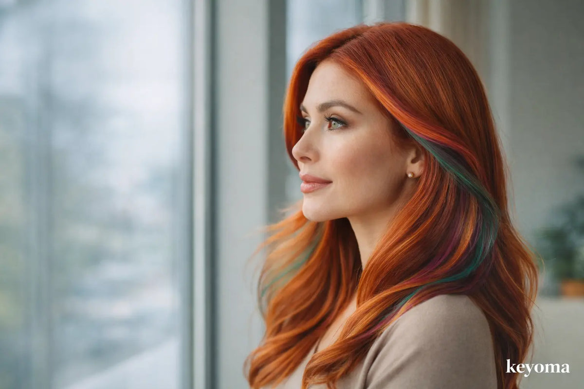 Side profile of vibrant red hair shows color depth and shine, representing Keyoma hair color longevity care.
