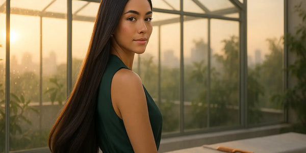 A woman with very long straight hair stands in a greenhouse at sunset, illustrating healthy results in a Keyoma hair care story.