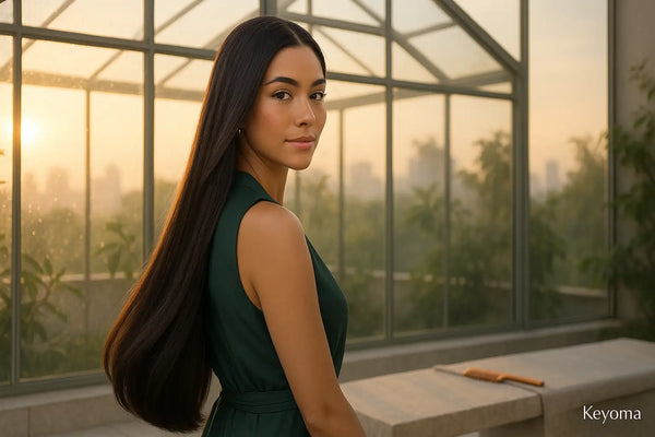 A woman with very long straight hair stands in a greenhouse at sunset, illustrating healthy results in a Keyoma hair care story.