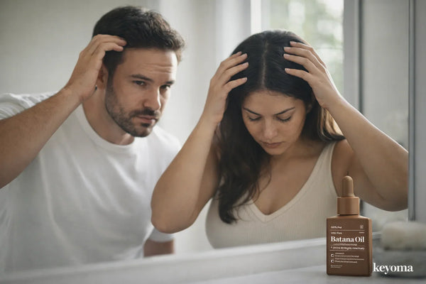 Couple touching scalps in bathroom mirror beside Keyoma Batana Oil bottle.