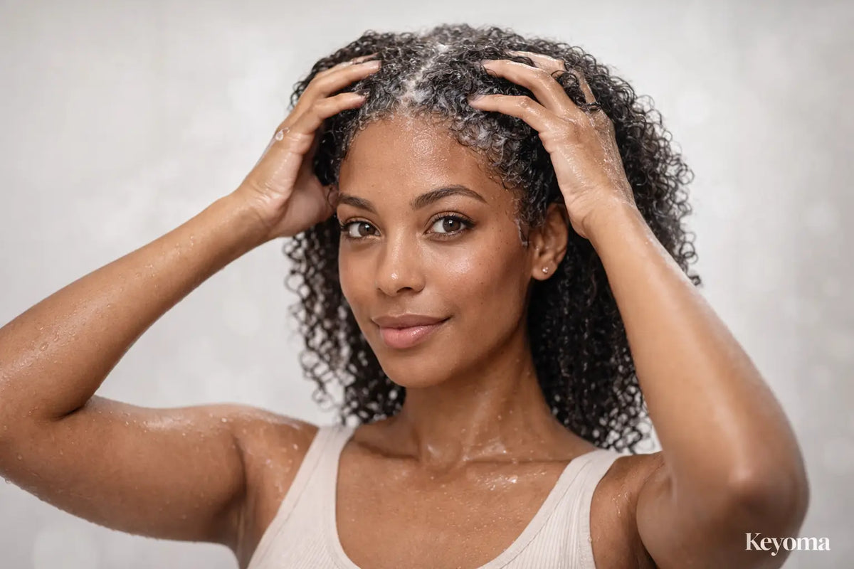 Curly-haired woman massaging cleanser into scalp while co-washing, highlighting Keyoma moisture-first hair cleansing.