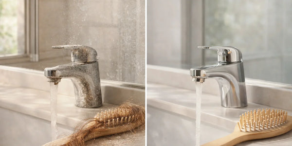 Dirty vs clean bathroom faucet comparison with hairbrush near running sink water showing buildup and clean metal.