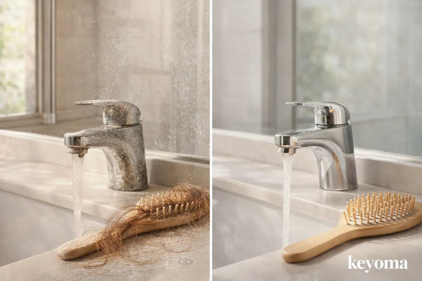 Dirty vs clean bathroom faucet comparison with hairbrush near running sink water showing buildup and clean metal.