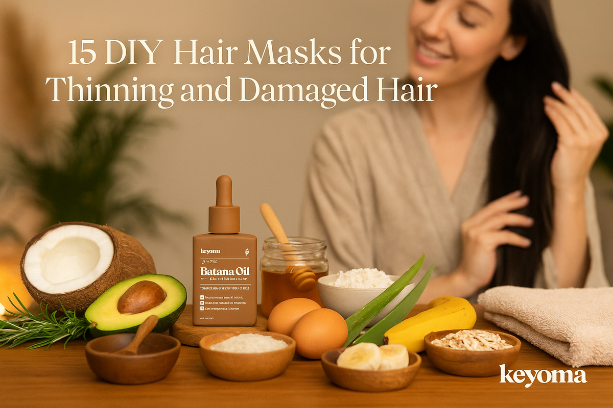 A Keyoma batana oil bottle is surrounded by natural ingredients like avocado, coconut, eggs, aloe vera, honey, banana, and oats for making DIY hair masks to help thinning and damaged hair.